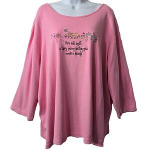 Quacker Factory Cat Kitten Shirt 3X Plus Knit Top 3/4 Sleeve Embroidered Pink